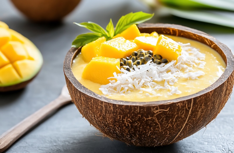 Smoothie bowl med hampafrön, mango och kokos